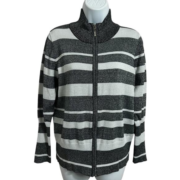 Questions Metallic Cardigan Sweater Sz Petite Large Striped Black White Full Zip - Picture 2 of 9